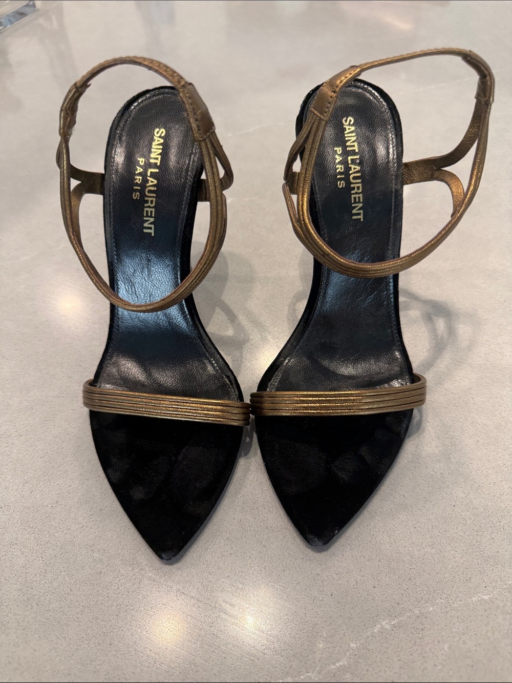 Saint Laurent Black Suede Pointed-Toe Heels with Bronze Straps